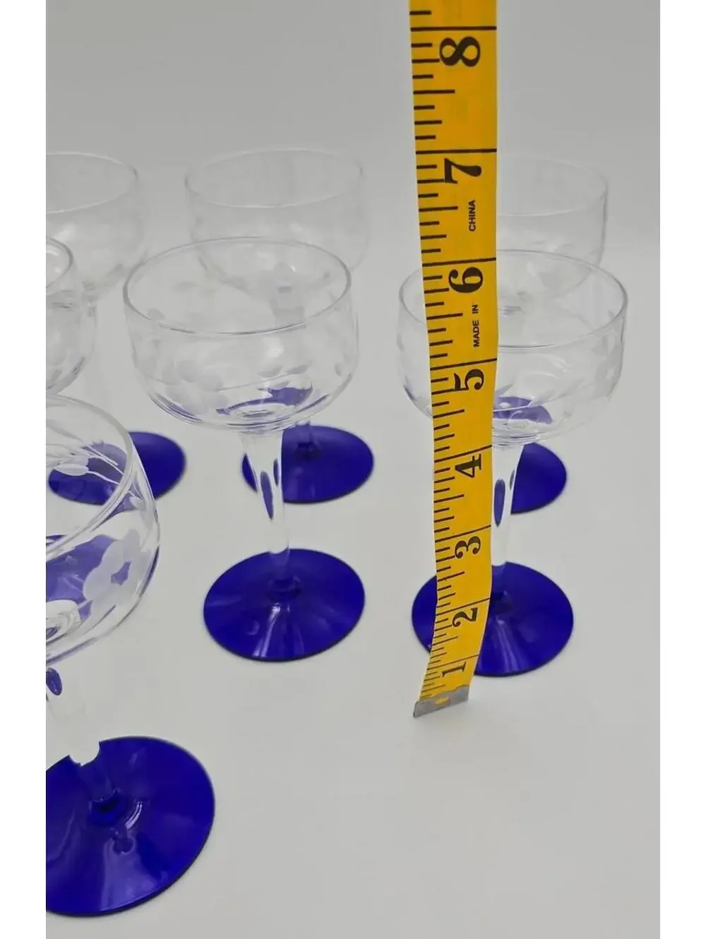 Vintage MCM Set 7 Etched Coupe Glasses Cobalt Blue Stem Floral Barware